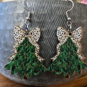 Rustic Wooden Christmas Tree Pendant Earrings, Vintage Polka Dot